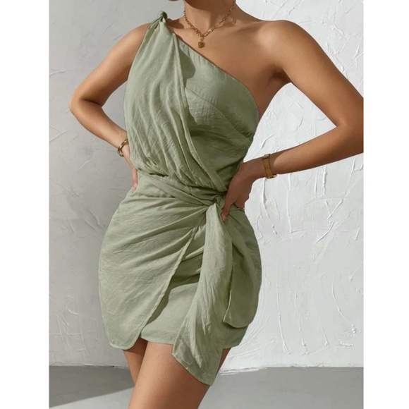 Sage Green Grecian Mini Dress Excellent Condition M/L 8/10 - Picture 2 of 7